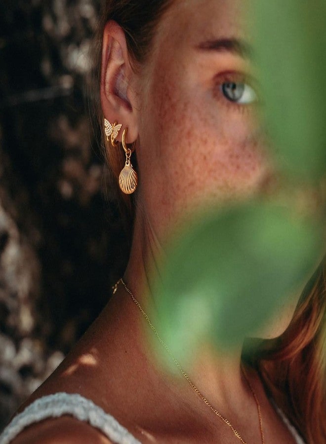 MYEARS Women Clam Shell Earrings Gold Huggie Hoop Dangle Drop 14K Gold Plated Small Simple Hypoallergenic Everyday Summer Boho Beach Jewelry - Image 2